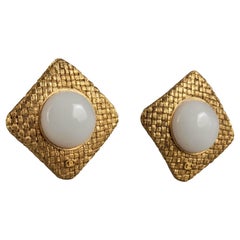 Vintage CHANEL Logo Cabochon Woven Square Earrings