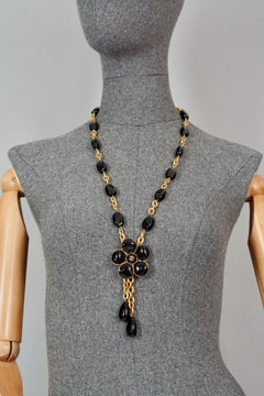 Vintage CHANEL Logo Camellia Flower Gripoix Lariat Necklace