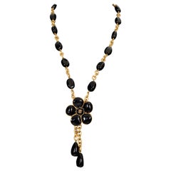 Vintage CHANEL Logo Camellia Flower Gripoix Lariat Necklace