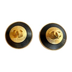 Vintage Chanel Logo CC Wood Gilt Metal Button Earrings