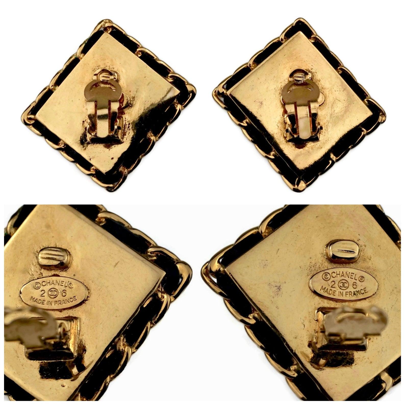 Vintage CHANEL Logo Chain Leather Square Earrings 1