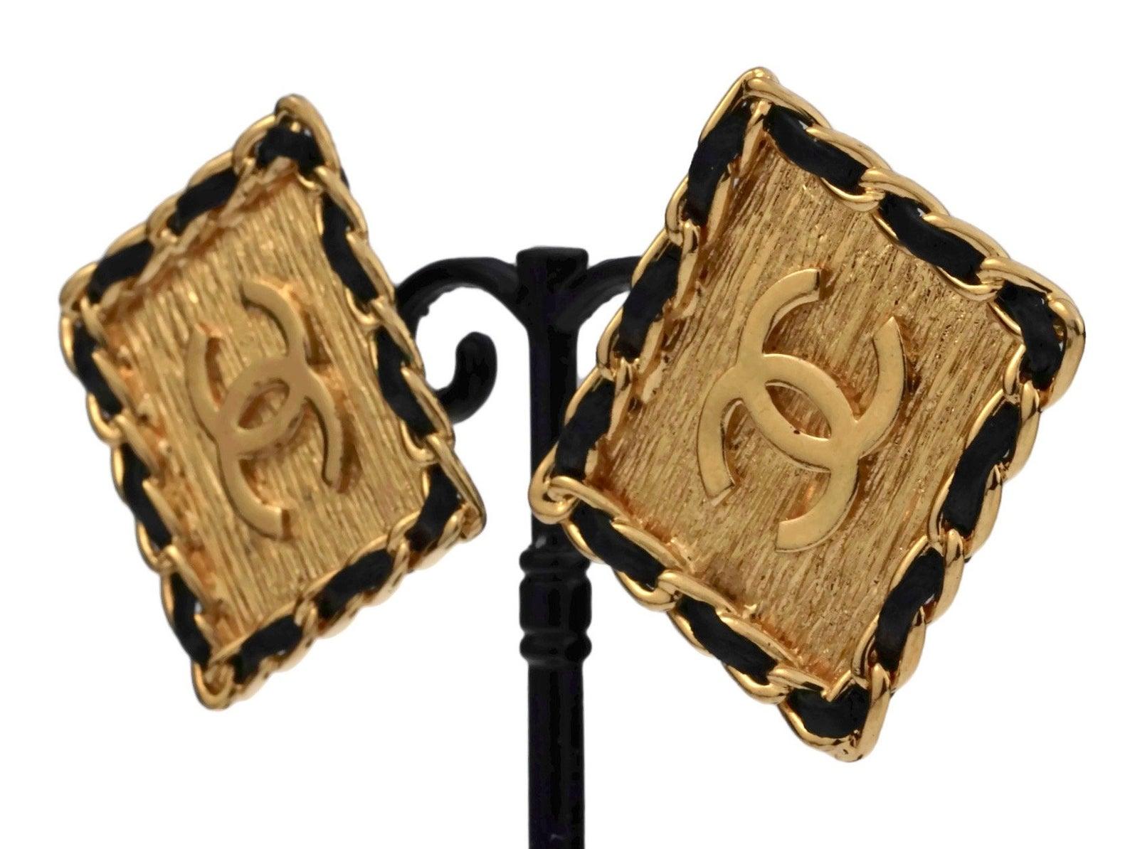 Vintage CHANEL Logo Chain Leather Square Earrings 3