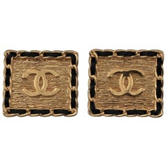 Vintage CHANEL Logo Chain Leather Square Earrings