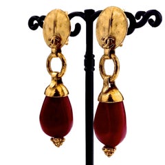 Vintage CHANEL Logo Disc Red Stone Drop Earrings