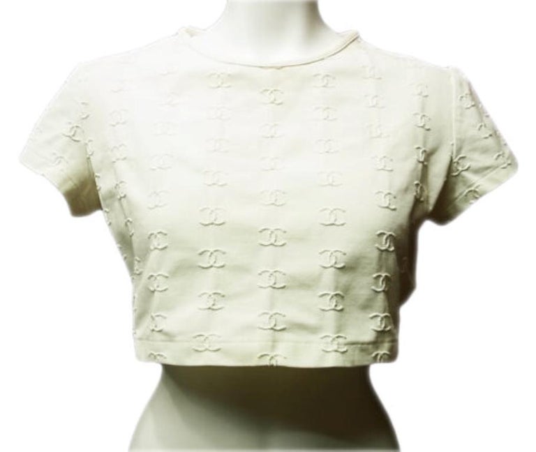 Vintage Chanel Logo Embroidered T-Shirt White For Sale at 1stDibs