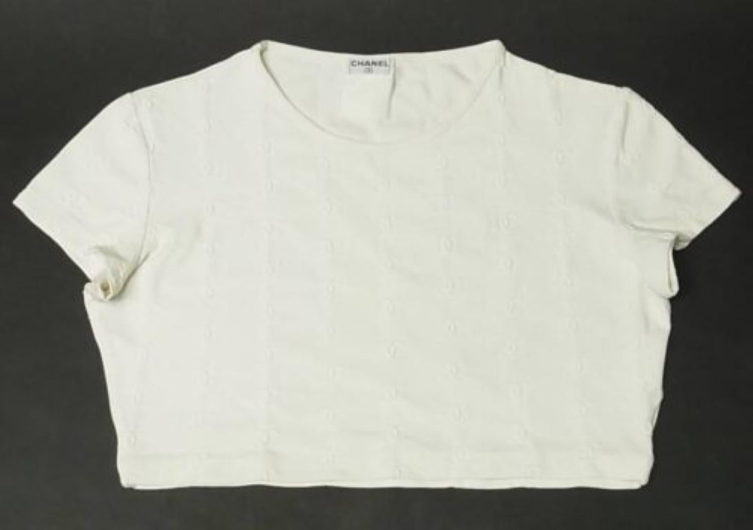 Vintage Chanel Logo Embroidered T-Shirt White In Good Condition For Sale In Hoffman Estates, IL