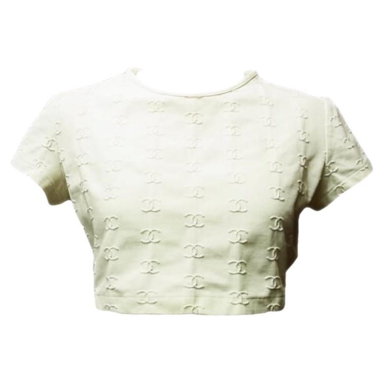 Vintage Chanel Logo Embroidered T-Shirt White For Sale at 1stDibs
