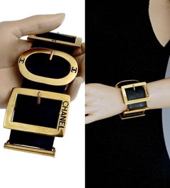 Vintage CHANEL Logo Multi Buckle Leather Cuff Bracelet