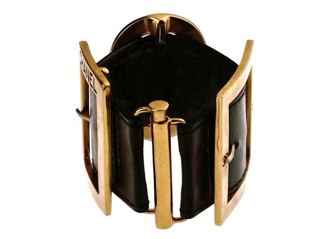 Vintage CHANEL Logo Multi Buckle Leather Cuff Bracelet 1