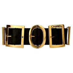 Vintage CHANEL Logo Multi Buckle Leather Cuff Bracelet