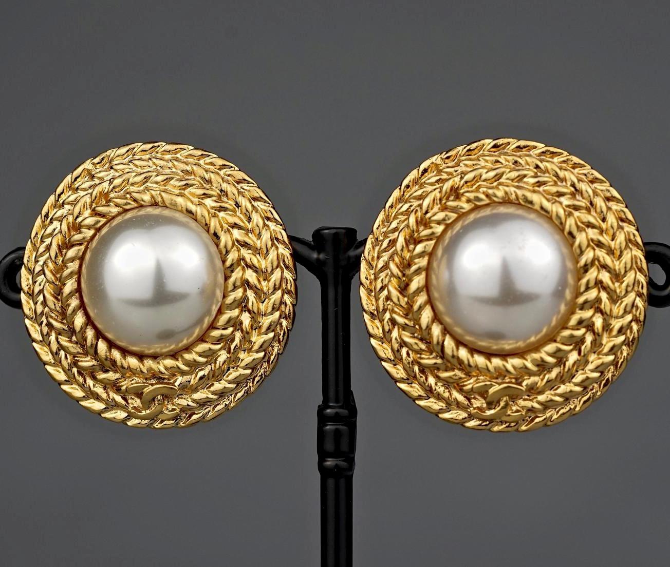 Women's Vintage CHANEL Logo Pearl Braided Earrings