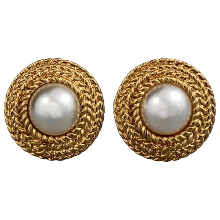 Vintage Chanel Logo Pearl Braided Earrings At 1stdibs