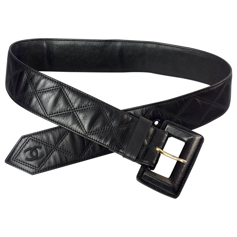 CHANEL Logo Leather Wide Belt Black White