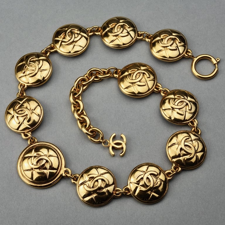 Vintage CHANEL Logo Quilted Medallion Necklace at 1stDibs