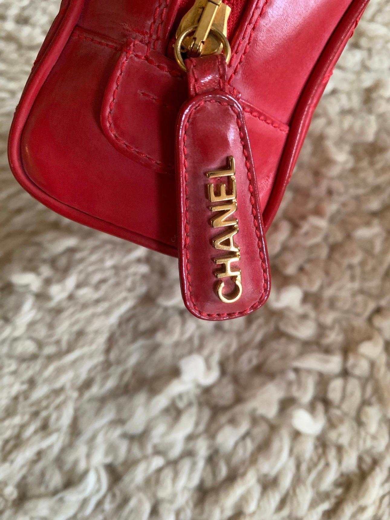 Women's or Men's Vintage CHANEL Logo Quilted Red Leather Gold Zipper Pull Bag Clutch Purse Bag