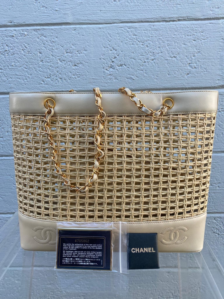 Vintage Rare Chanel Woven Straw Lambskin Beige Shopper Tote For Sale at  1stDibs