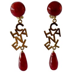 Vintage Chanel Logo Red Drop Earrings 