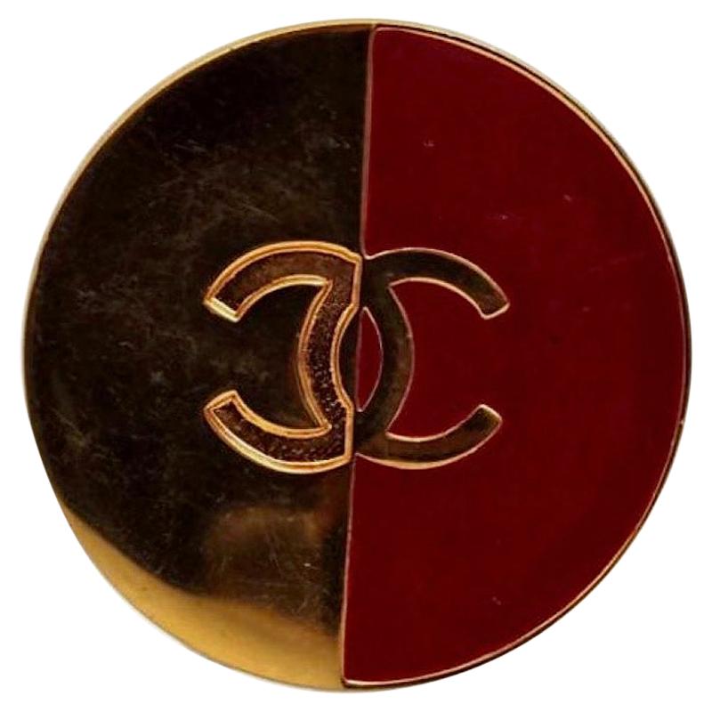 Vintage CHANEL Logo Red Gold Brooch