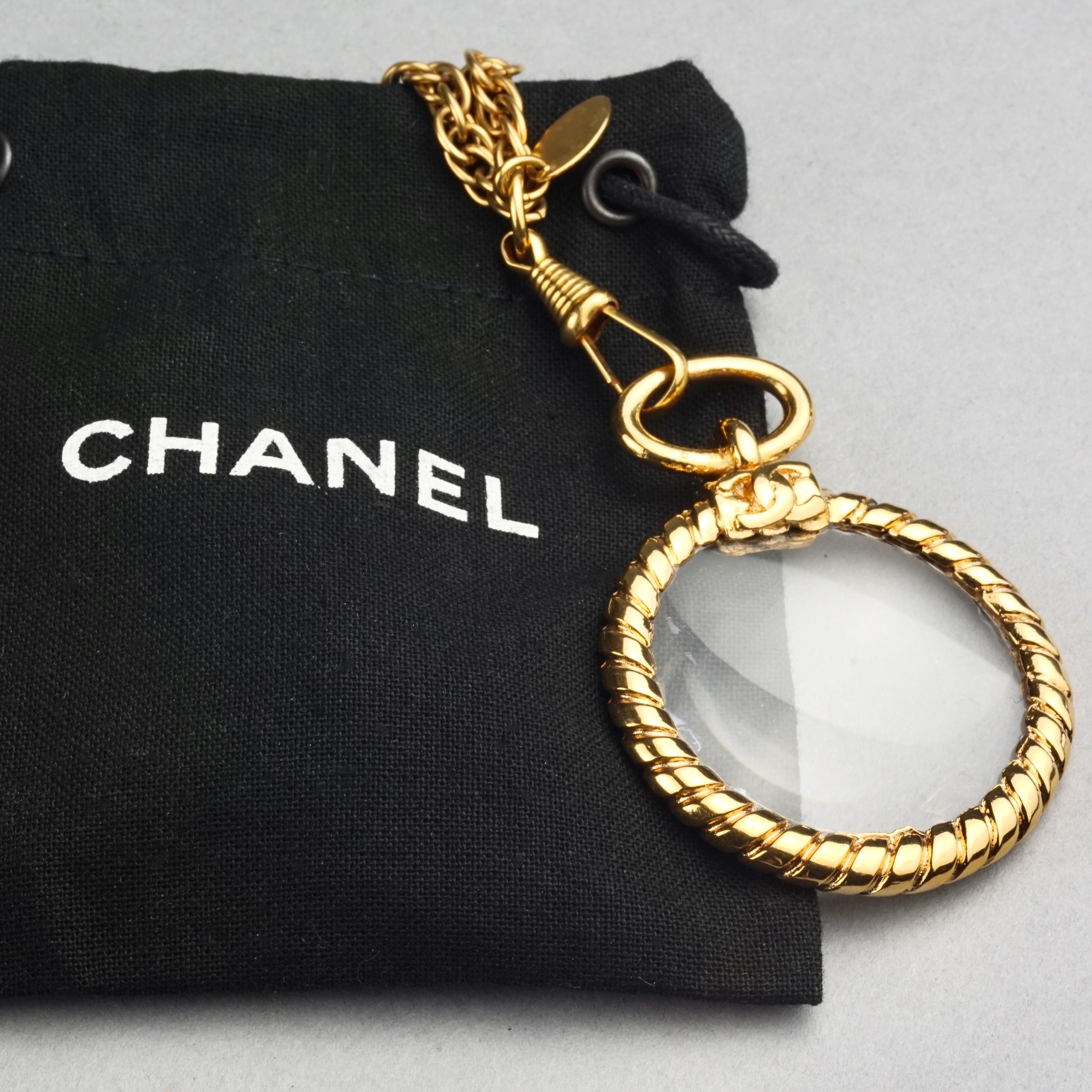 Vintage CHANEL Logo Torsade Magnifying Glass Ultra Long Chain Necklace For Sale 3