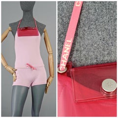 Vintage CHANEL Logo Transparent Pouch Candy Pink Bathing Suit Swimsuit Bodysuit