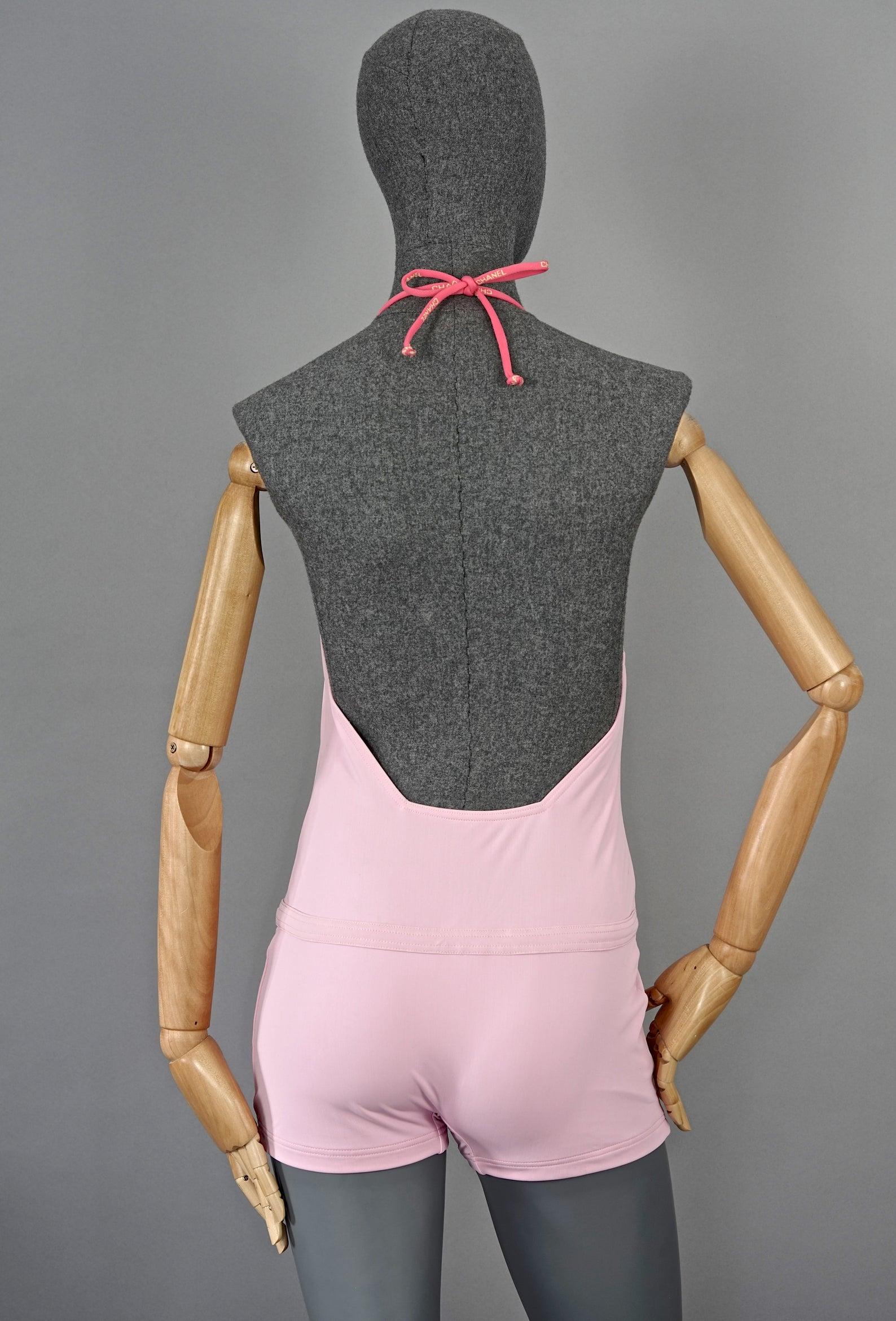 Gray Vintage CHANEL Logo Transparent Pouch Candy Pink Bathing Suit Swimsuit Bodysuit For Sale