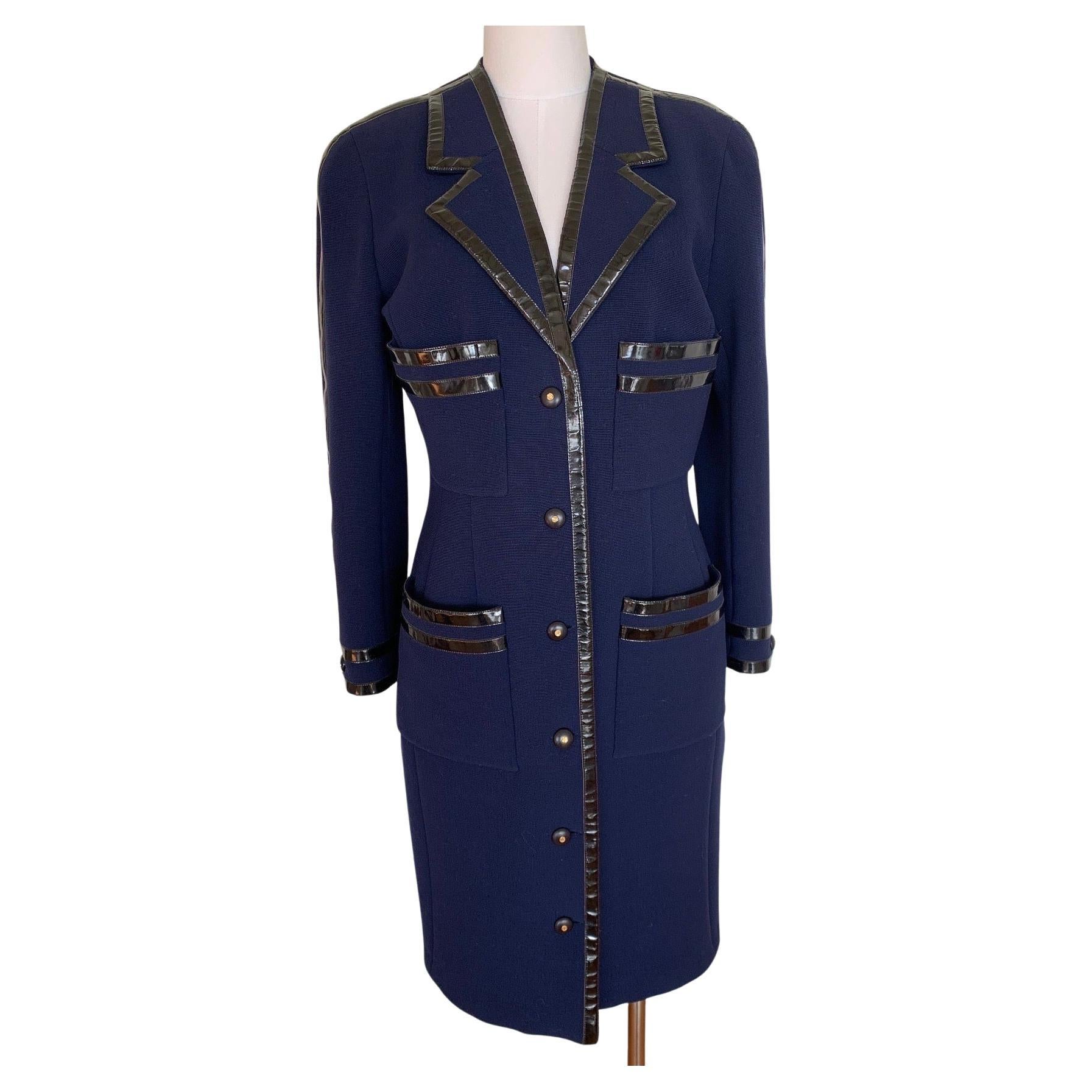 Vintage CHANEL long blue and black wool coat with CC logo buttons