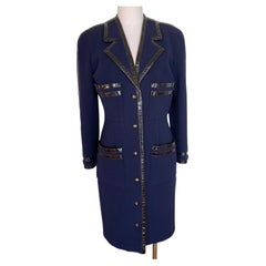 Vintage CHANEL long blue and black wool coat with CC logo buttons