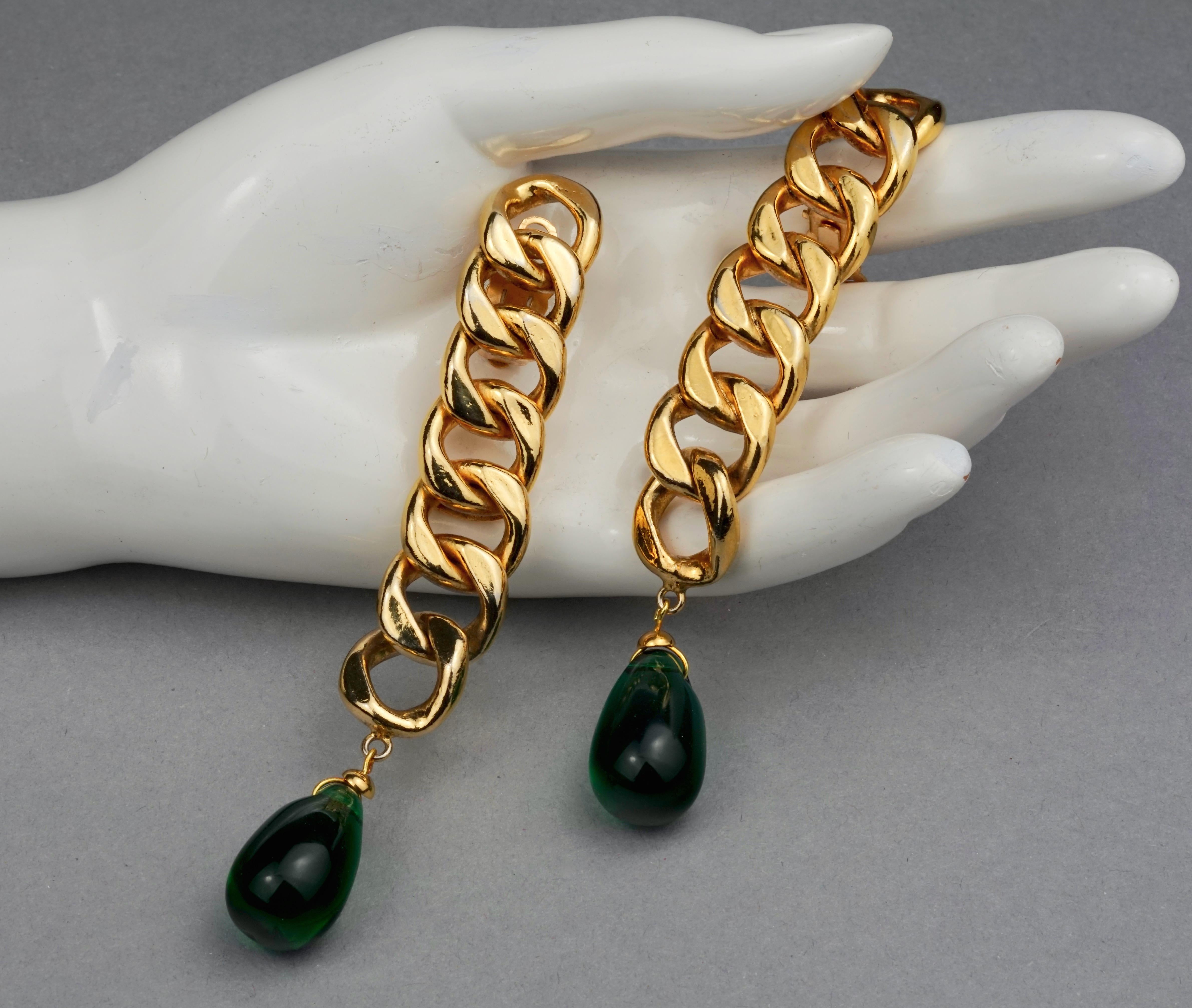 Vintage CHANEL Long Chain Green Glass Drop Earrings 5