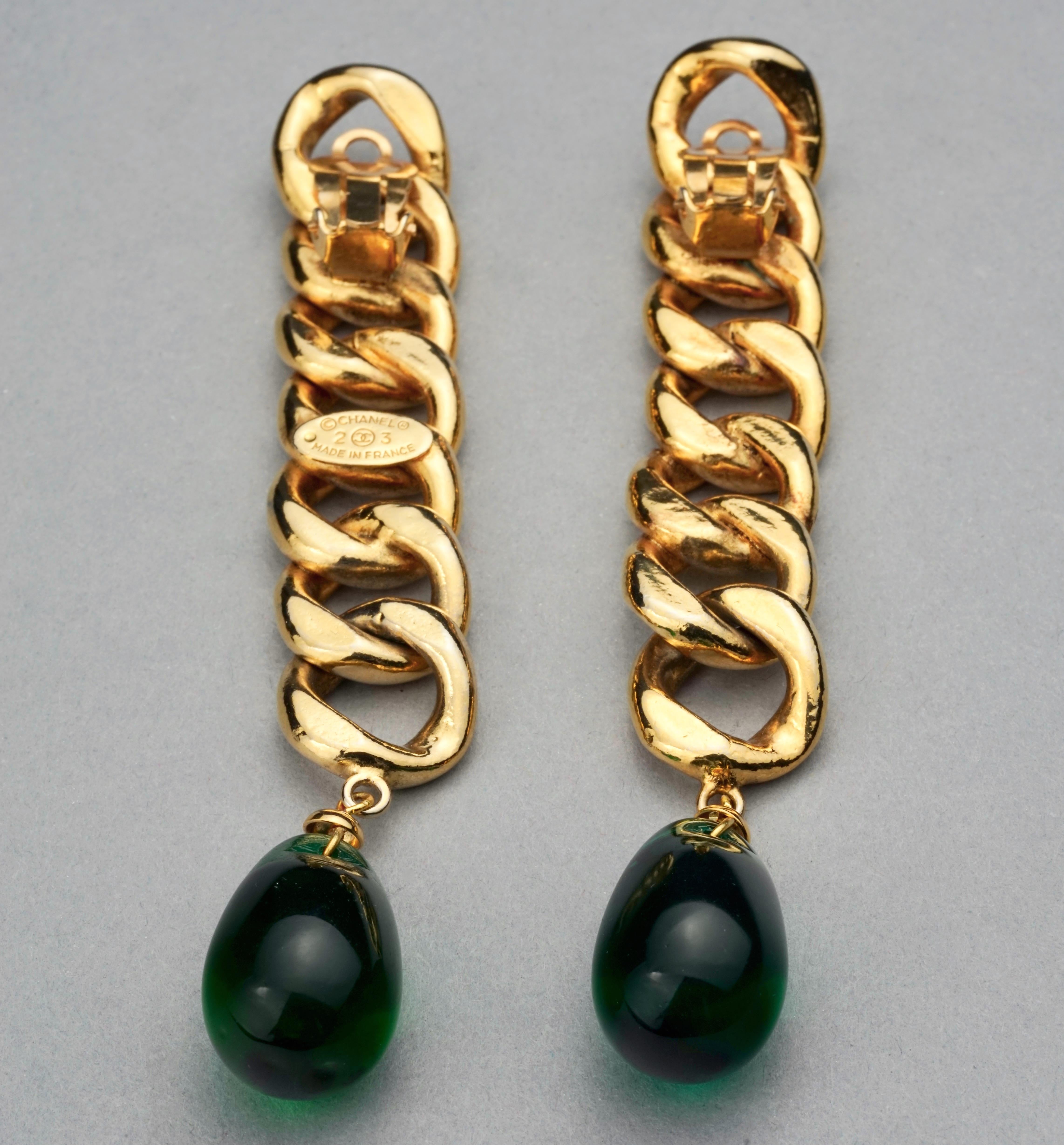 Vintage CHANEL Long Chain Green Glass Drop Earrings 6