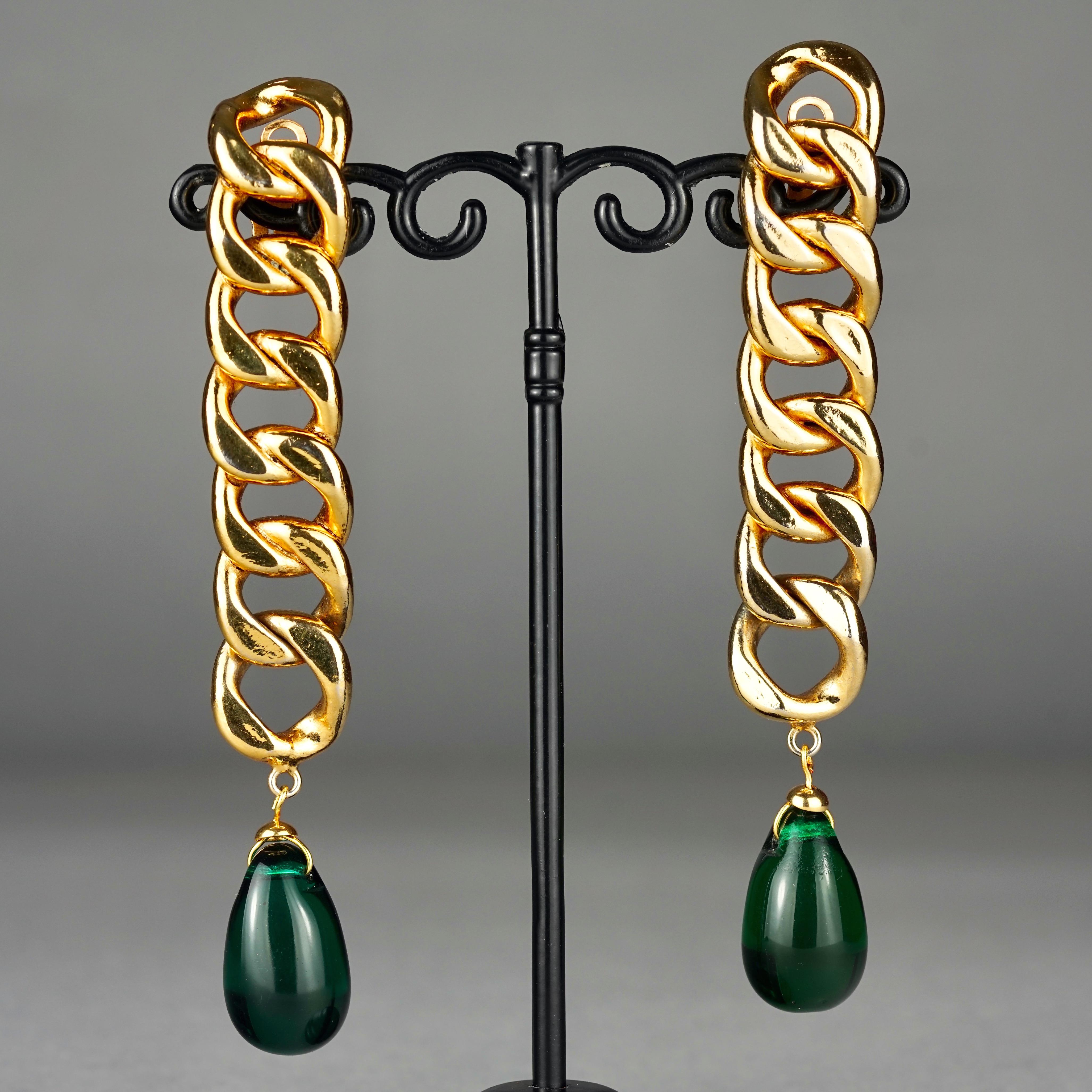 Vintage CHANEL Long Chain Green Glass Drop Earrings 1