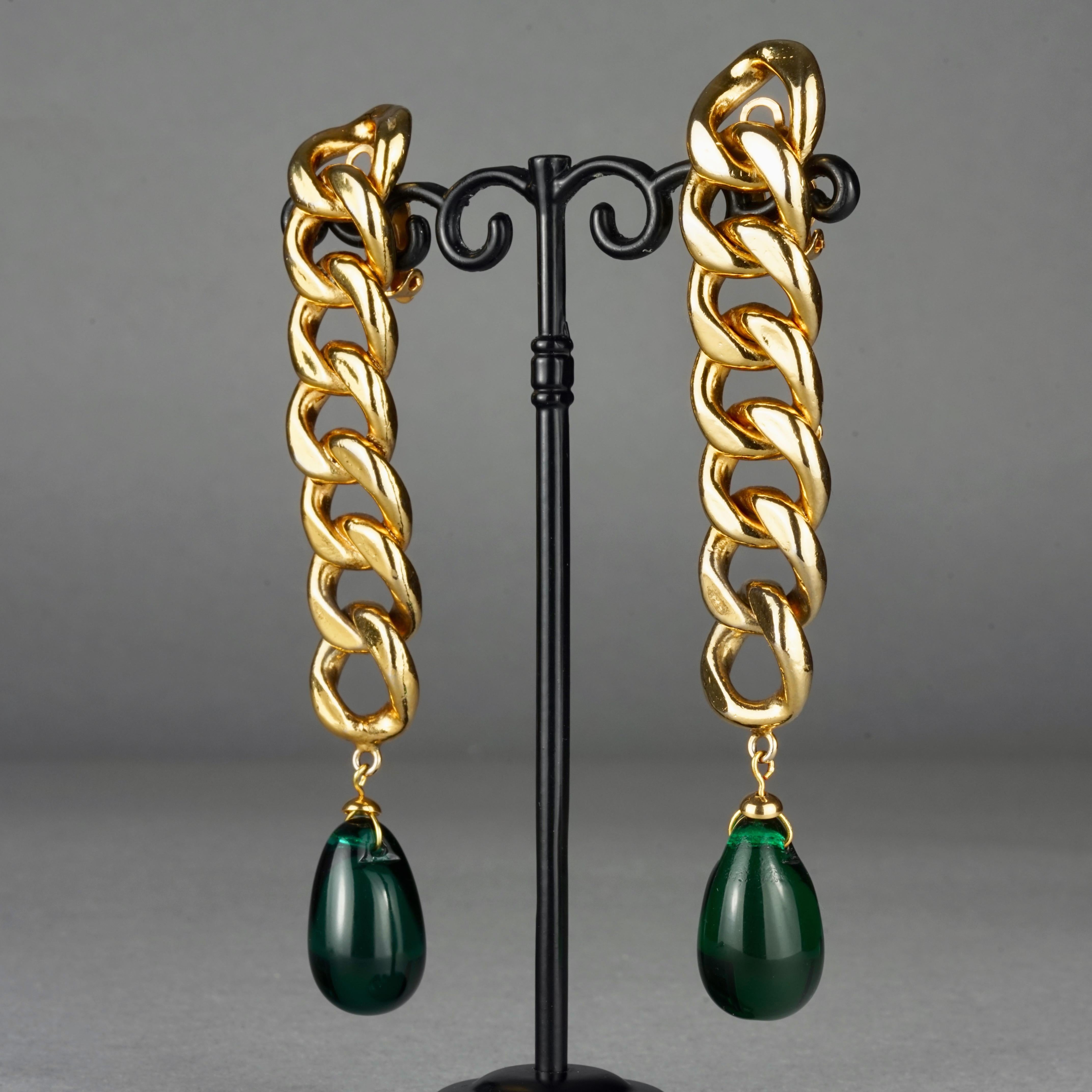 Vintage CHANEL Long Chain Green Glass Drop Earrings 2