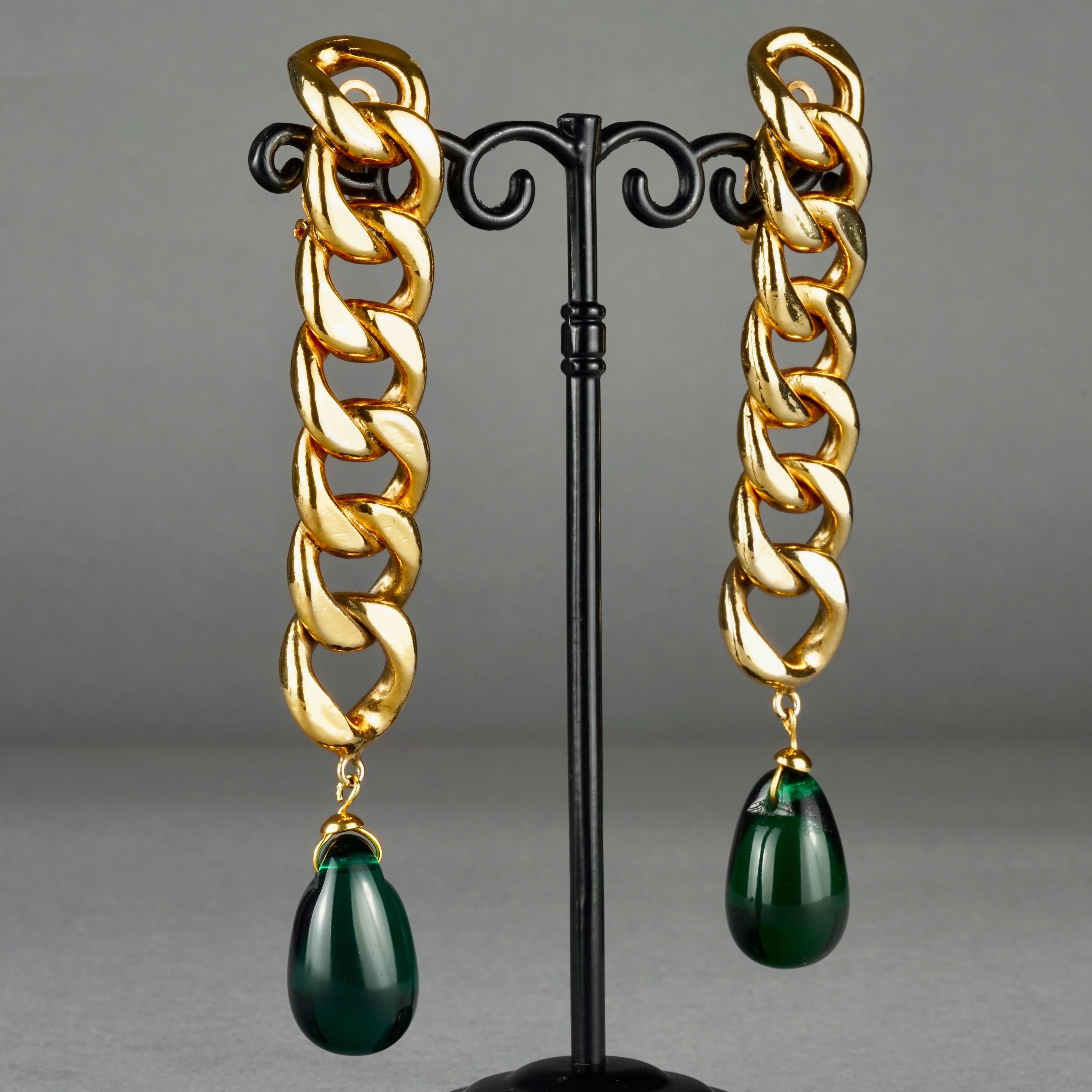 Vintage CHANEL Long Chain Green Glass Drop Earrings 3