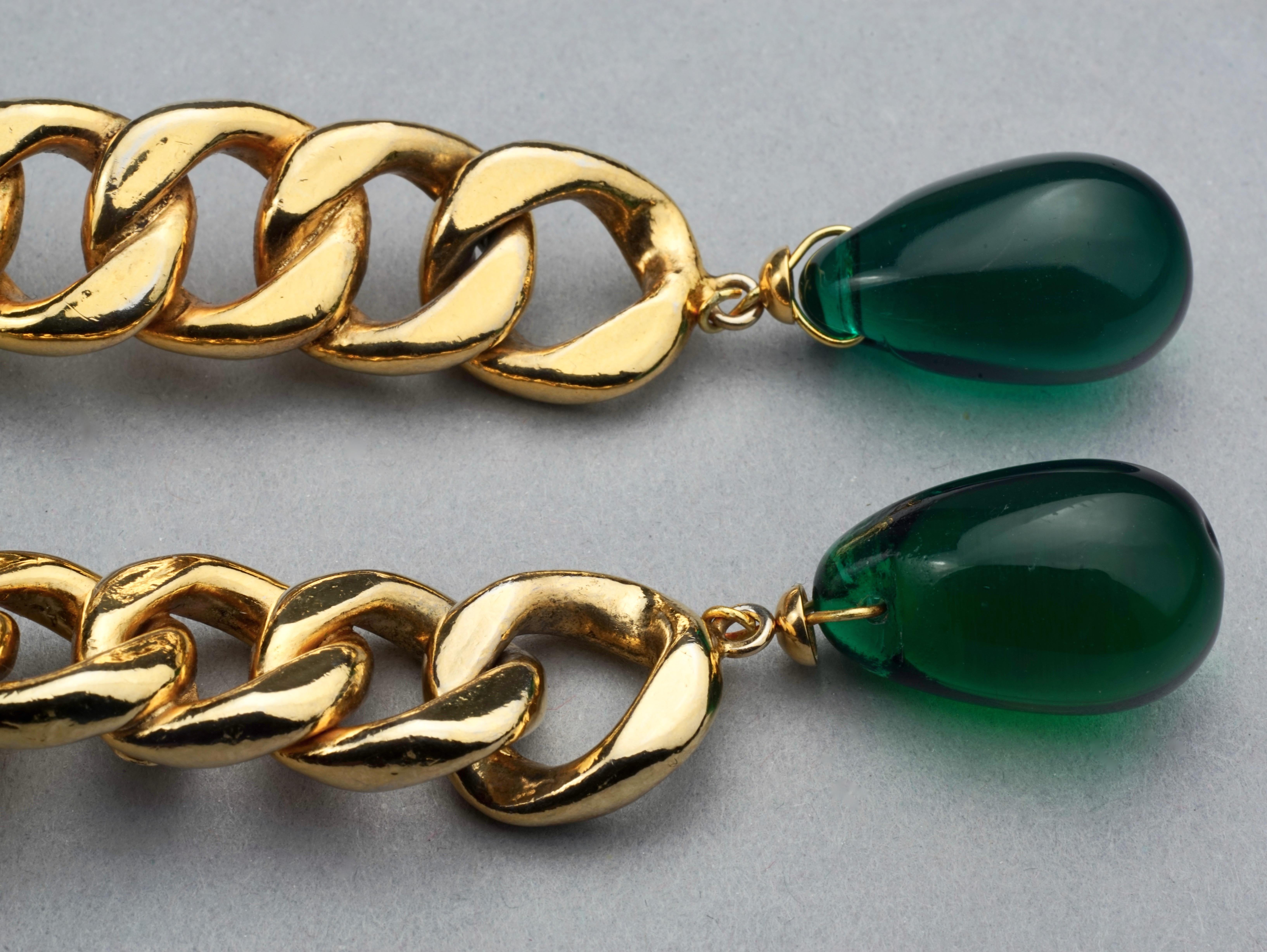 Vintage CHANEL Long Chain Green Glass Drop Earrings 4