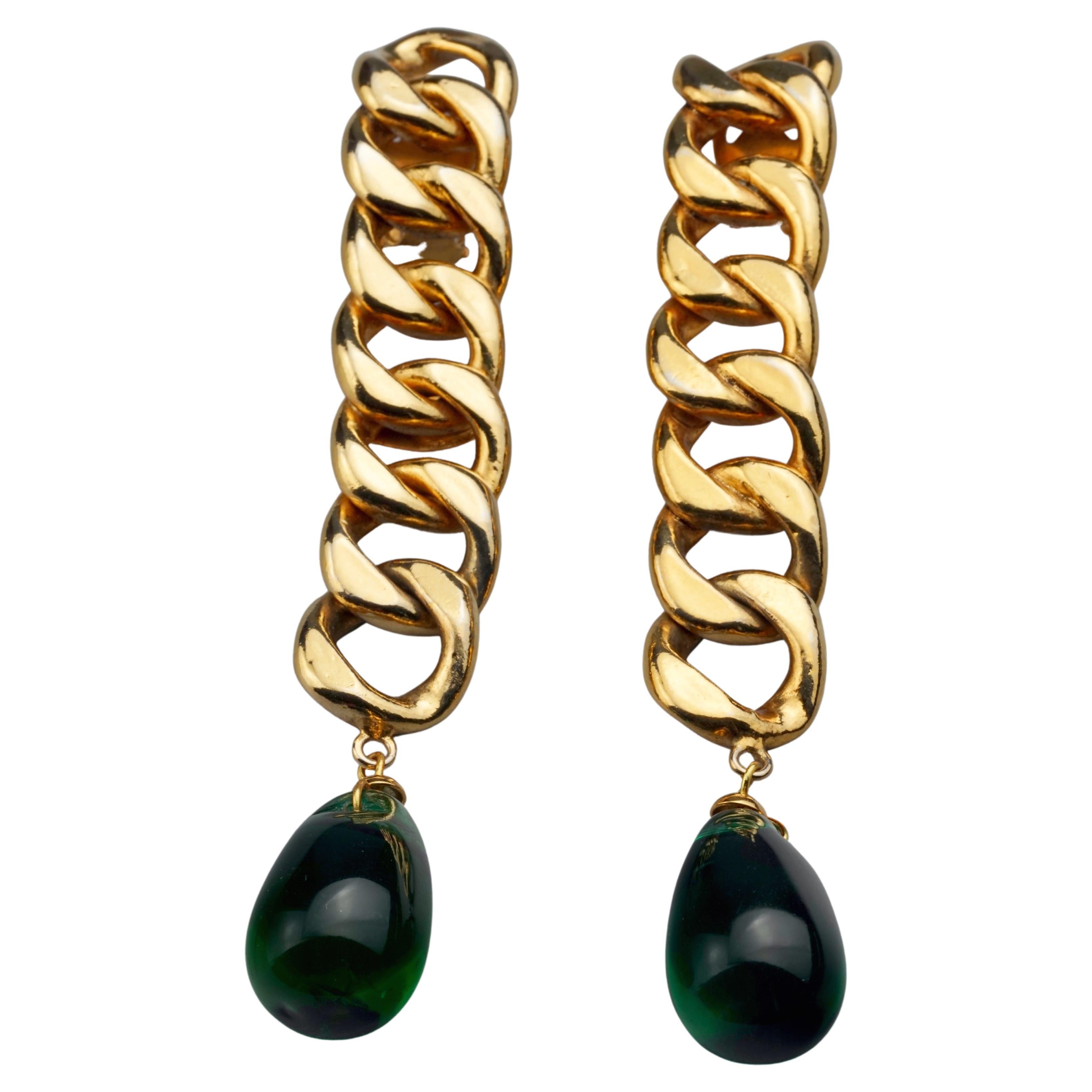 Vintage CHANEL Long Chain Green Glass Drop Earrings