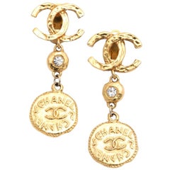 Vintage Chanel Long Coin Dangling Earrings With Cc