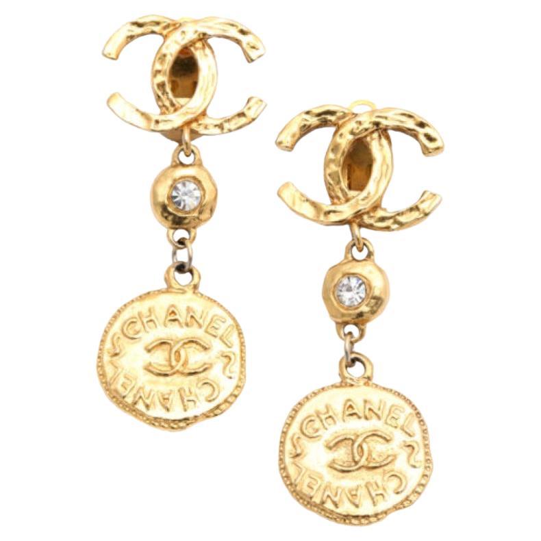 Vintage Chanel Long Coin Dangling Earrings With Cc For Sale