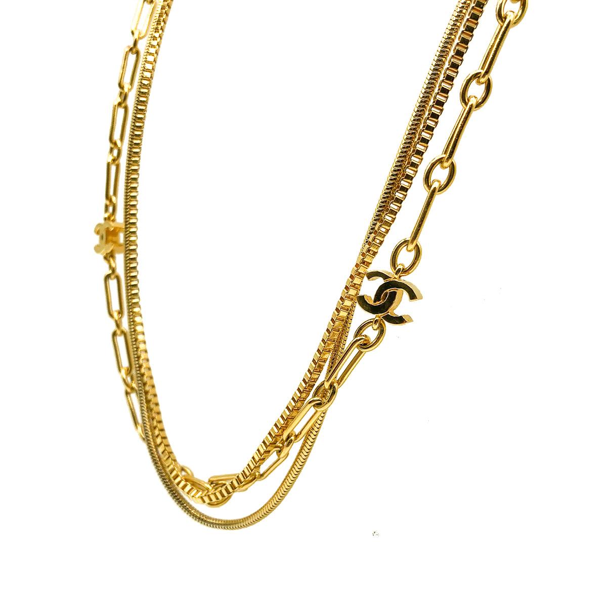 Vintage Chanel Long Triple Chain Logo Chain Necklace 1980s In Good Condition In Wilmslow, GB
