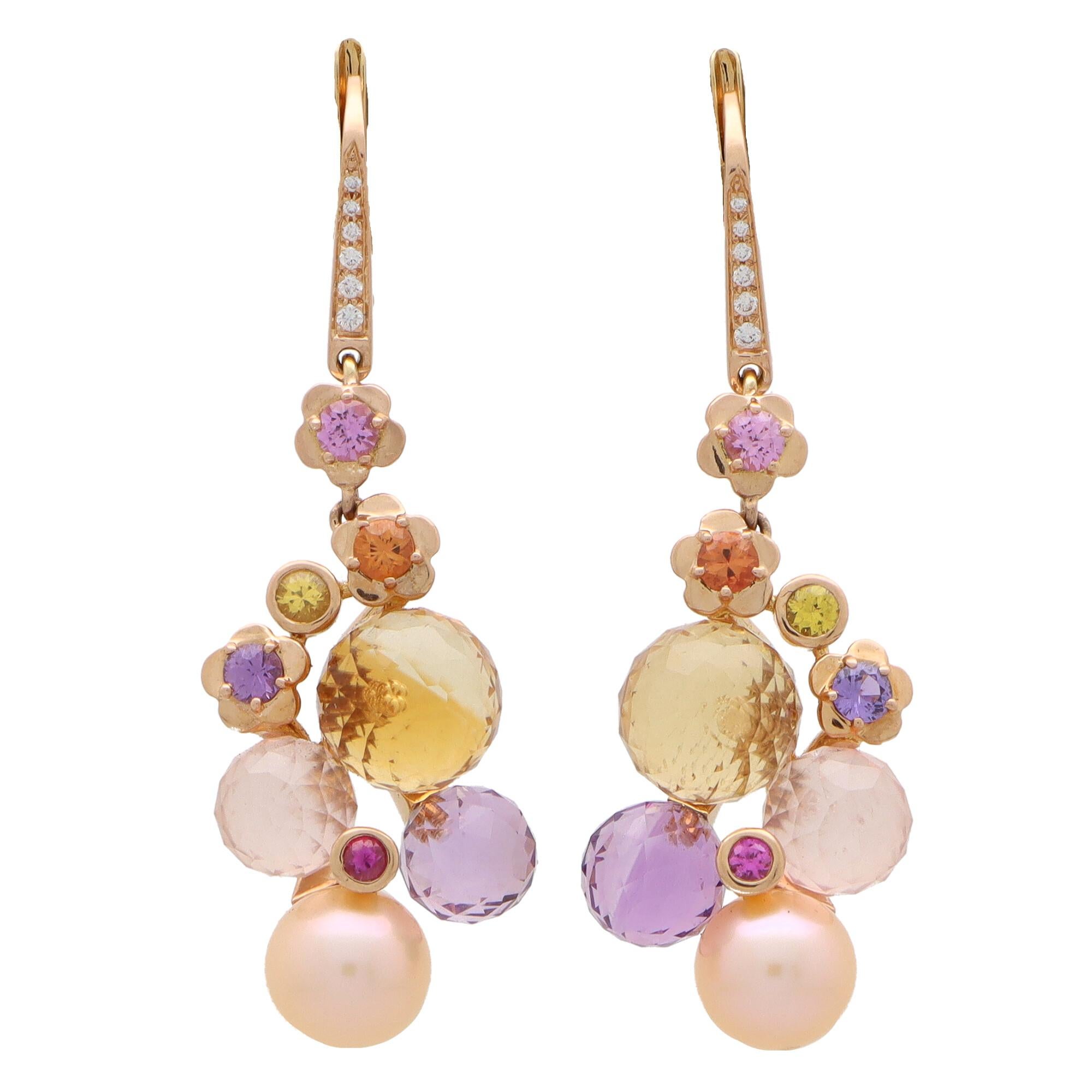 Vintage Chanel 'Mademoiselle' Pearl and Multi Gem Drop Earrings in 18k Rose Gold