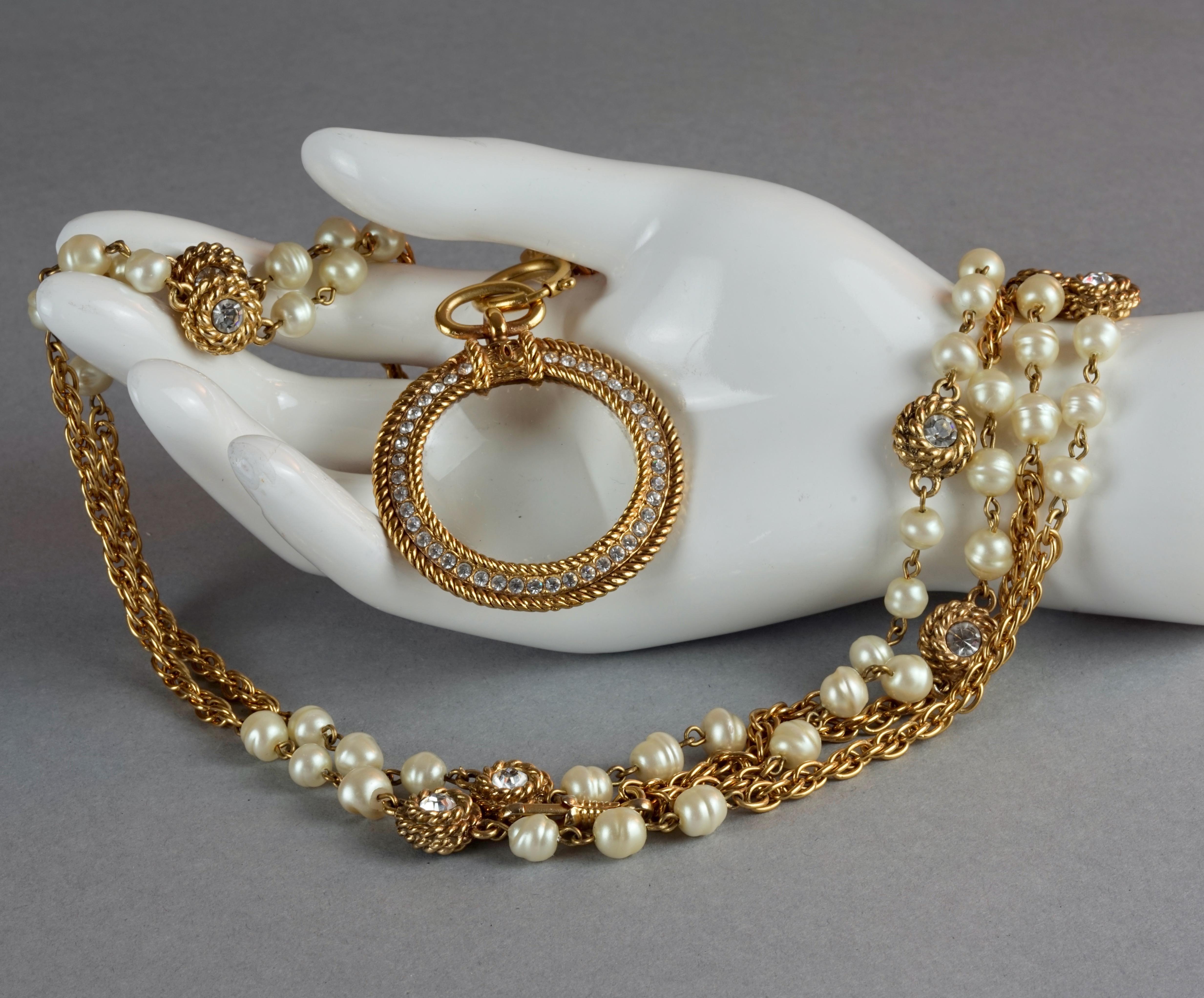 Vintage CHANEL Magnifying Glass Pearls Rhinestone Long Double Chain Necklace 2