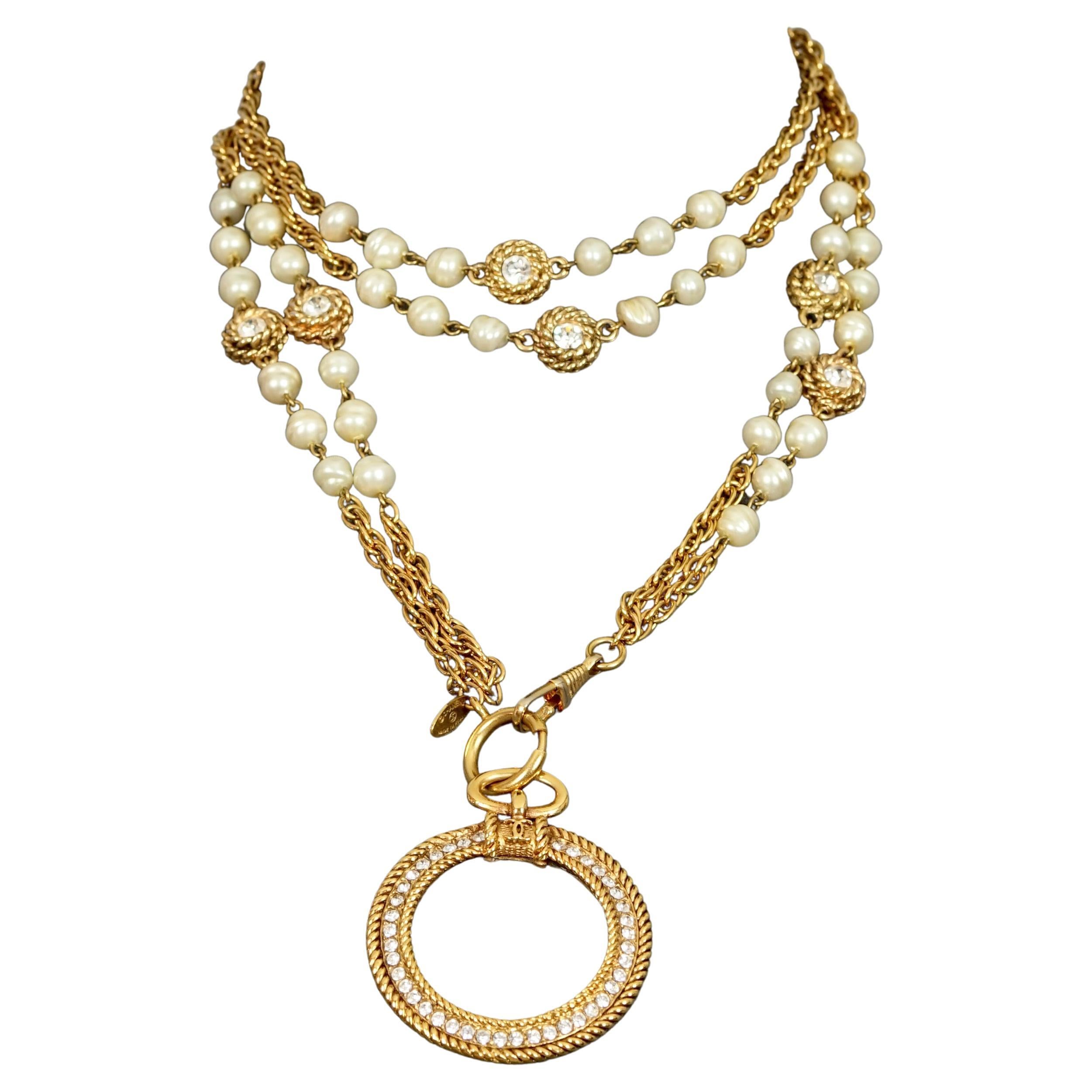 Vintage CHANEL Magnifying Glass Pearls Rhinestone Long Double Chain Necklace  at 1stDibs
