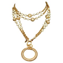Vintage CHANEL Magnifying Glass Pearls Rhinestone Long Double Chain Necklace