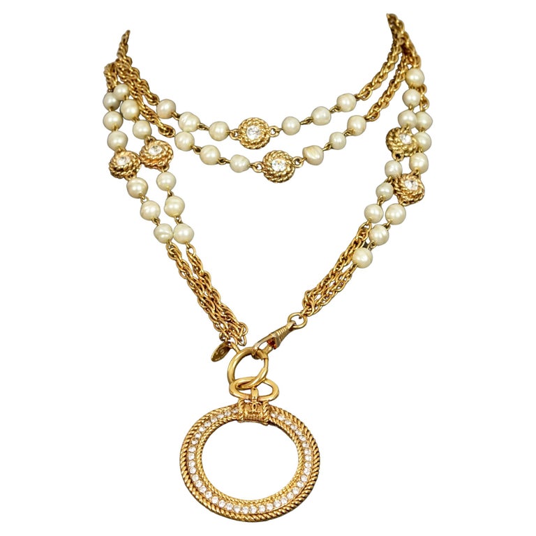 Vintage Chanel Faux Pearl Necklace With CC Rhinestones 