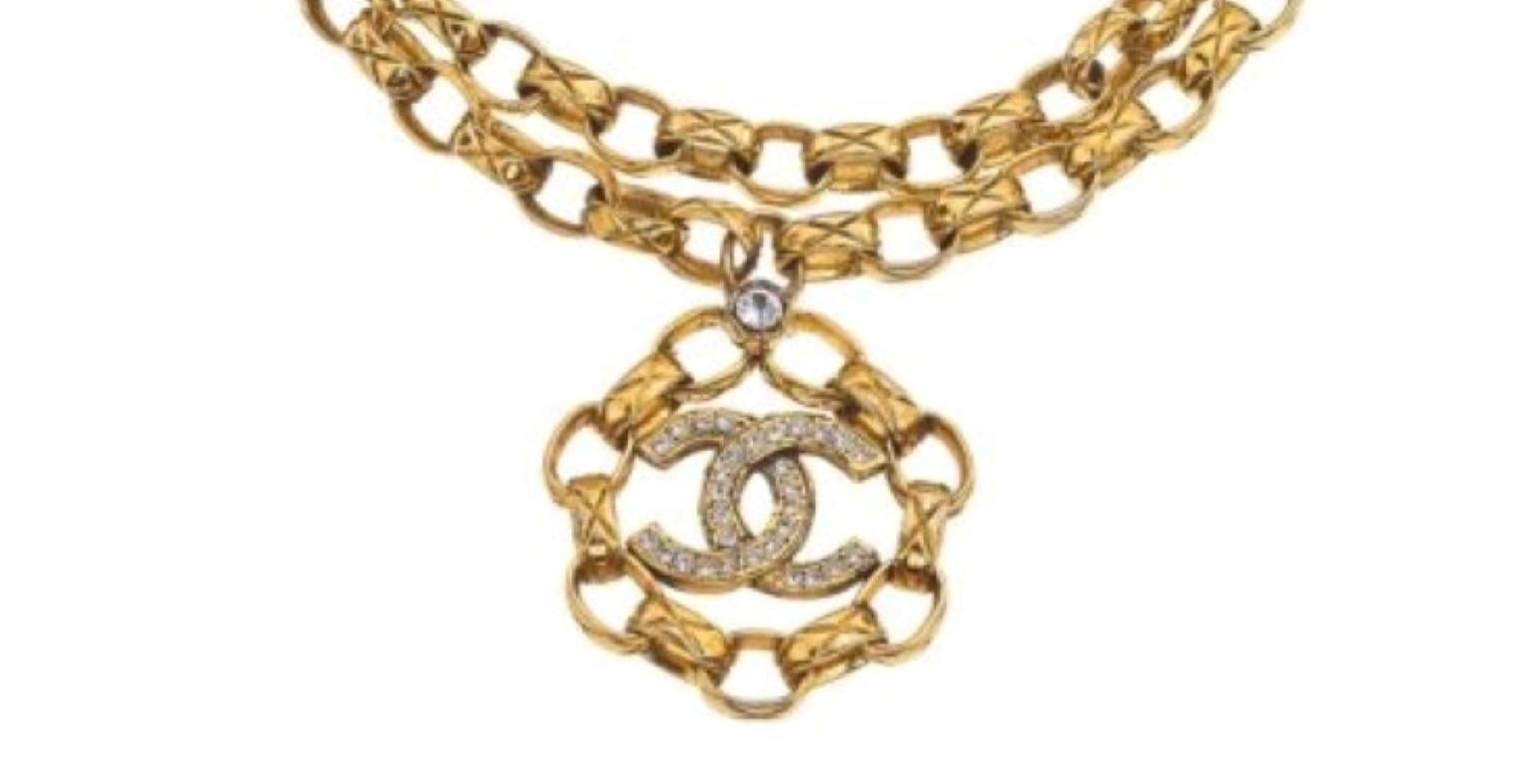 Vintage Chanel Massive Double Chain Halskette mit Strasssteinen Damen im Angebot