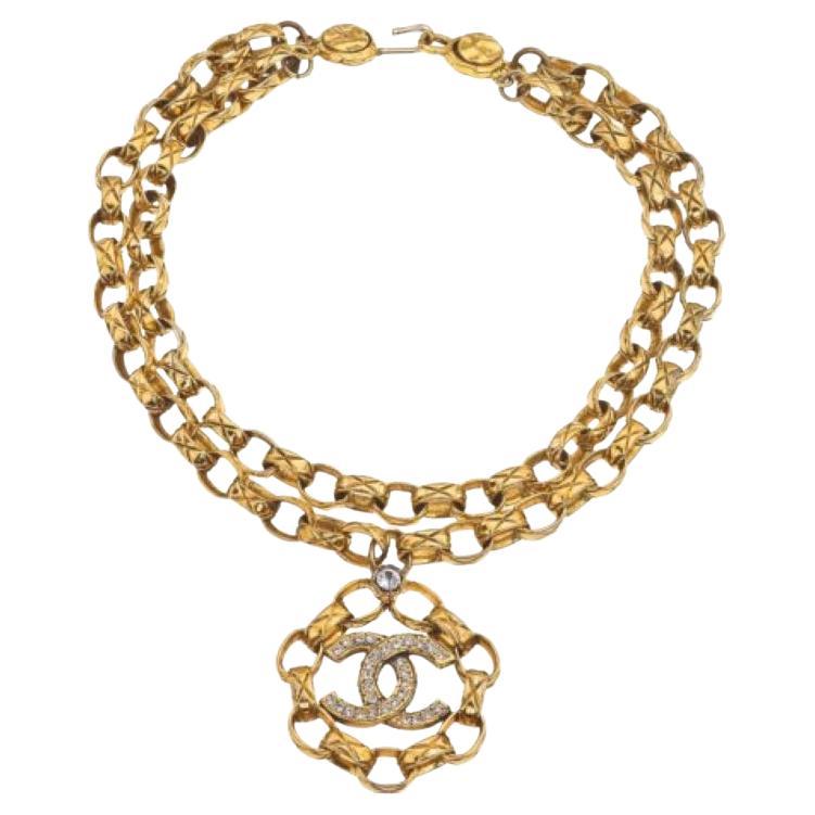 Vintage Chanel Massive Double Chain Necklace With Rhinestones For Sale