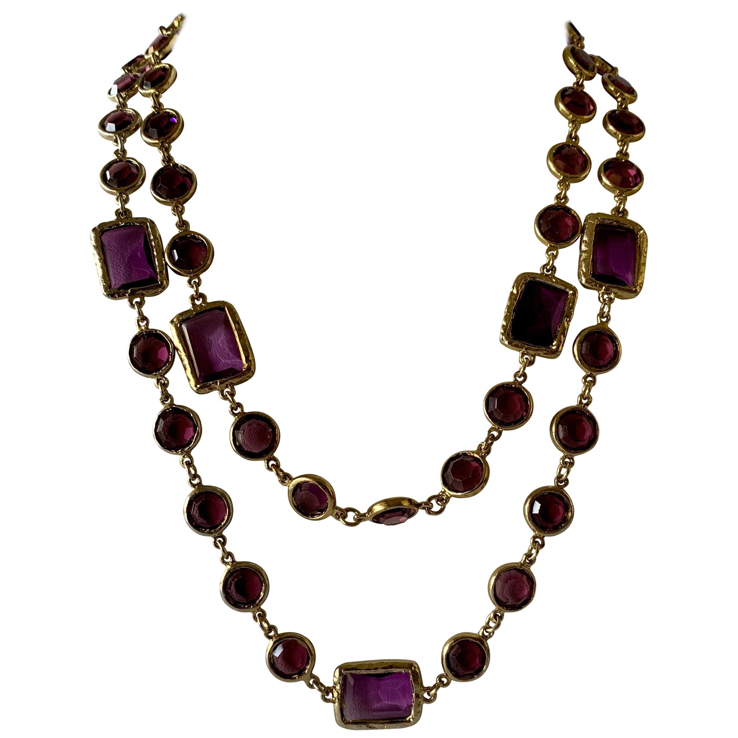 Vintage Chanel Metal Dore and Amethyst Chicklet Necklace 