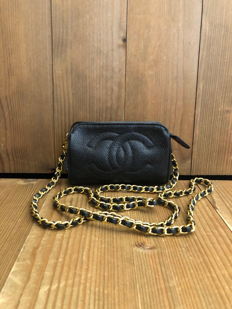 Vintage CHANEL Mini Caviar Leather Pouch Bag Black (Altered) For Sale 1
