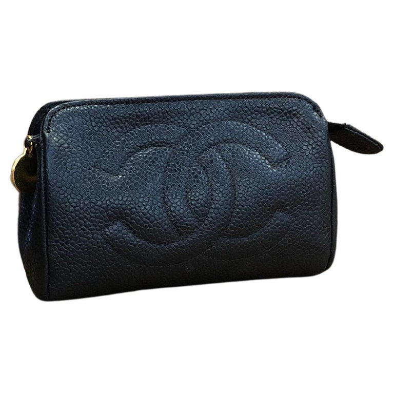 Vintage CHANEL Mini Caviar Leather Pouch Bag Black (Altered) For Sale