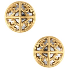 Vintage Chanel Mirror Clip Earrings Large Round Yellow Gold Tone CC Logo