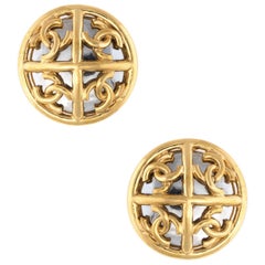 Vintage Chanel Mirror Clip Earrings Large Round Yellow Gold Tone CC Logo