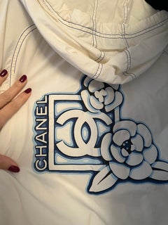 Vintage CHANEL Monogram Logo CC FLORAL White Blue Jacket Sport Coat Bomber